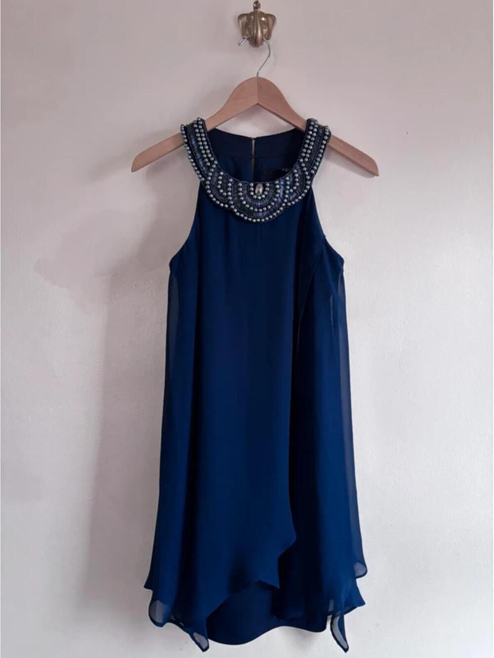 Sangria Swing Dress in Navy Blue‎ with Beaded Collar size 6 Petite